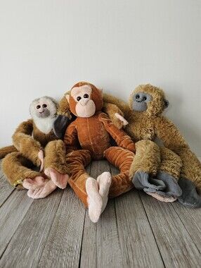 Set of 3 Long Plush Skinny Monkeys with Hook and Loop Hands and Feet Paws Stuffe